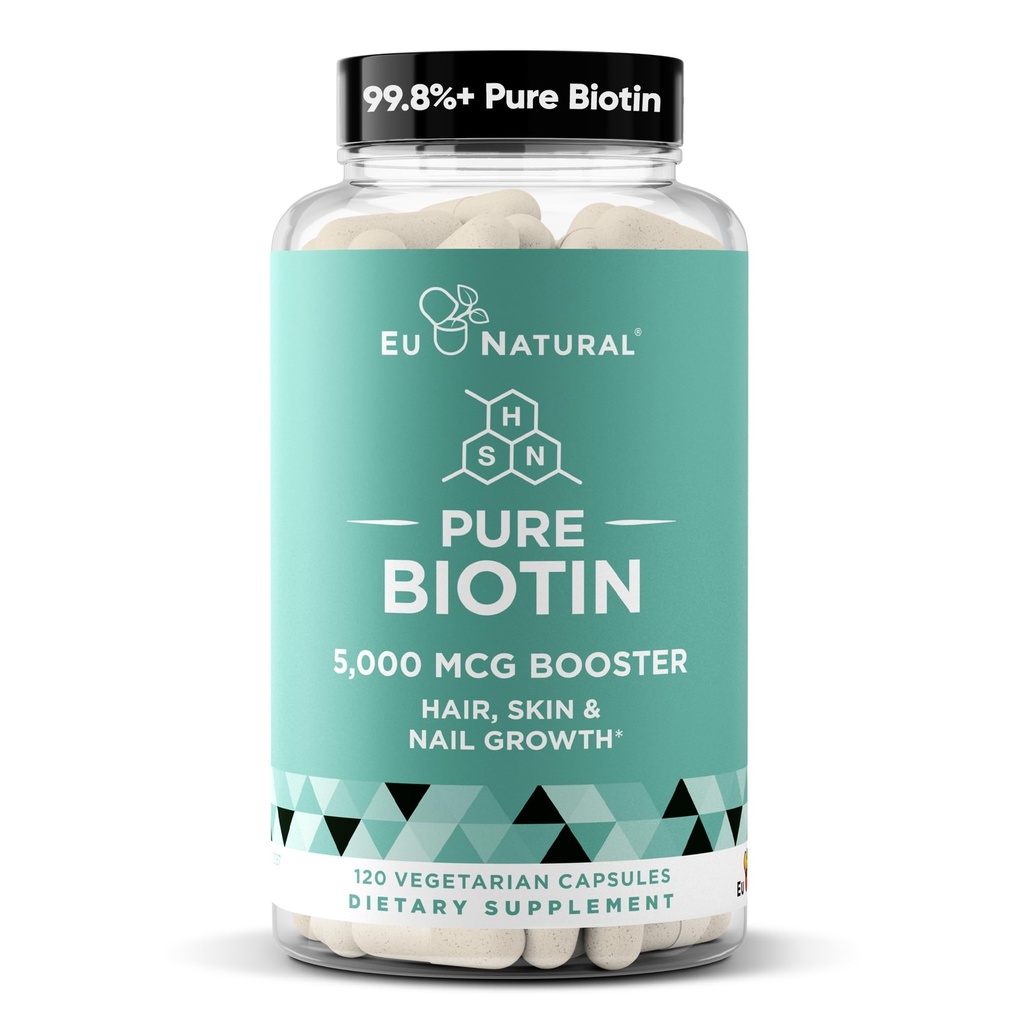 Biotin 5000 mcg Hair Skin Nails Supplement - High-Potency Hair Growth Vitamins for Women & Men - Provide Powerful Support for Healthy Hair, Stronger Nails and Glowing Skin - 120 Vegan Soft Capsules