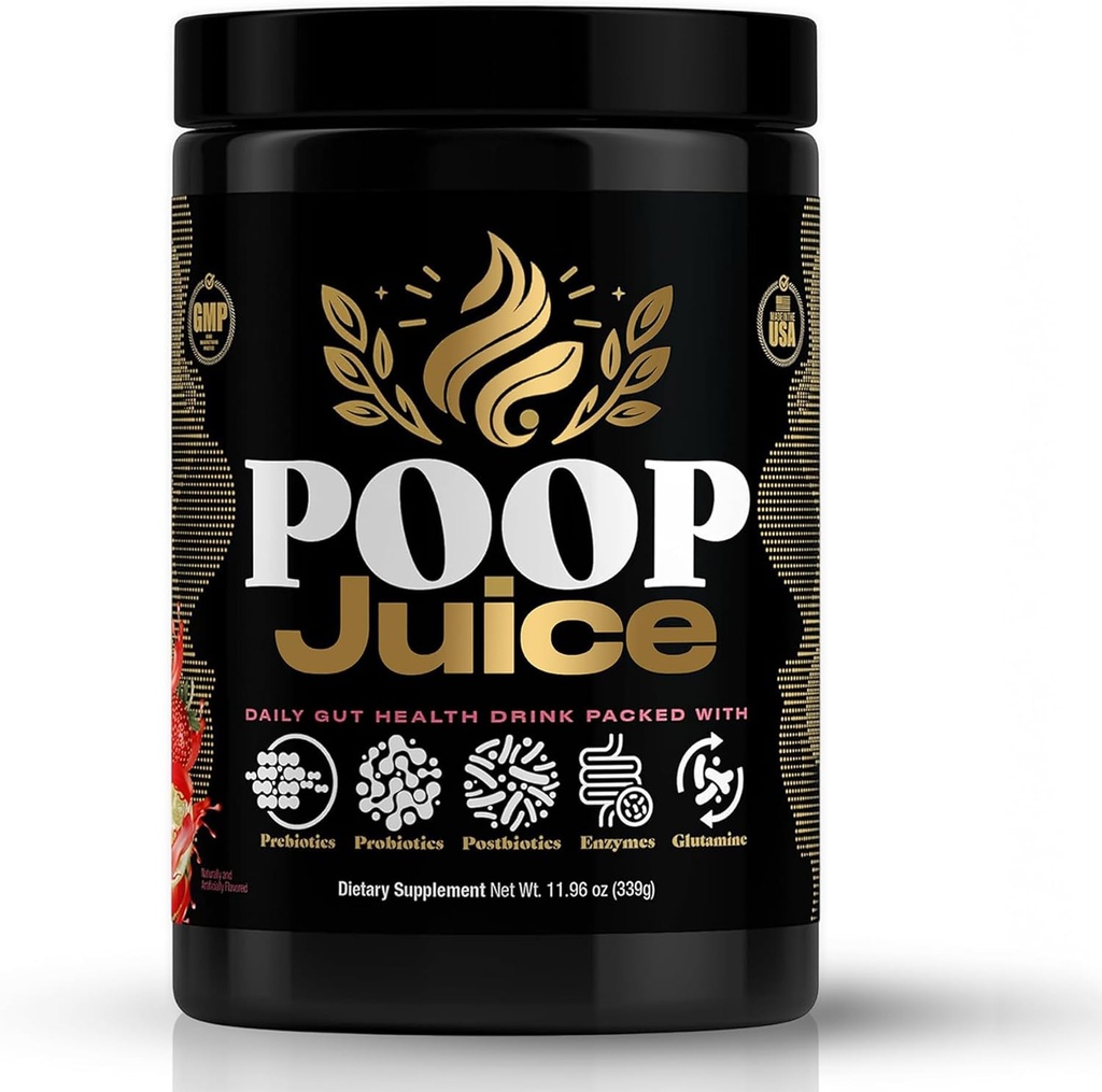 Poop Juice 5-in-1 Prebiotic, Probiotic, Postbiotic, Digestive Enzymes & Glutamine Supplement Powder - Bloat Relief, Gut & Immune Support - Sugar & Lactose-Free - 30 Servings (клубничный лимонад)