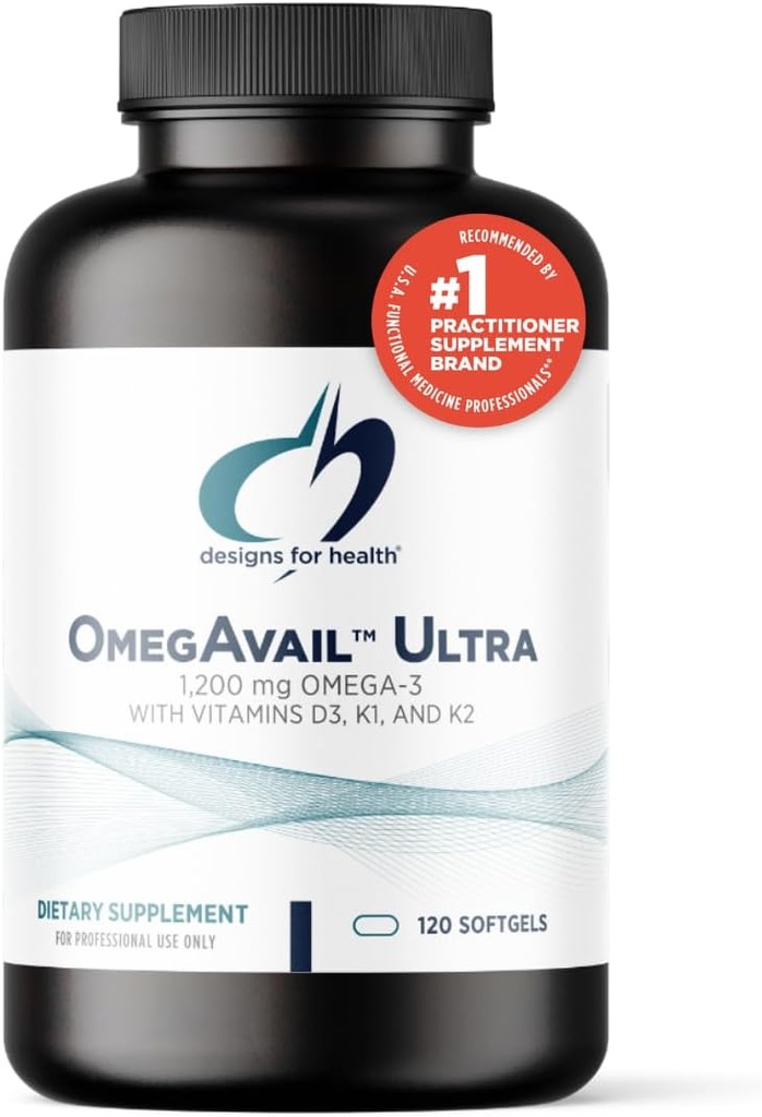 Designs for Health OmegAvail Ultra TG Fish Oil 1200mg - 1000 IU Vitamín D3, Vitamíny K1 + K2 - Triglycerid Form Omega 3 Fish Oil Supplement with DHA/EPA - No Fishy Aftertaste (120 Softgels)