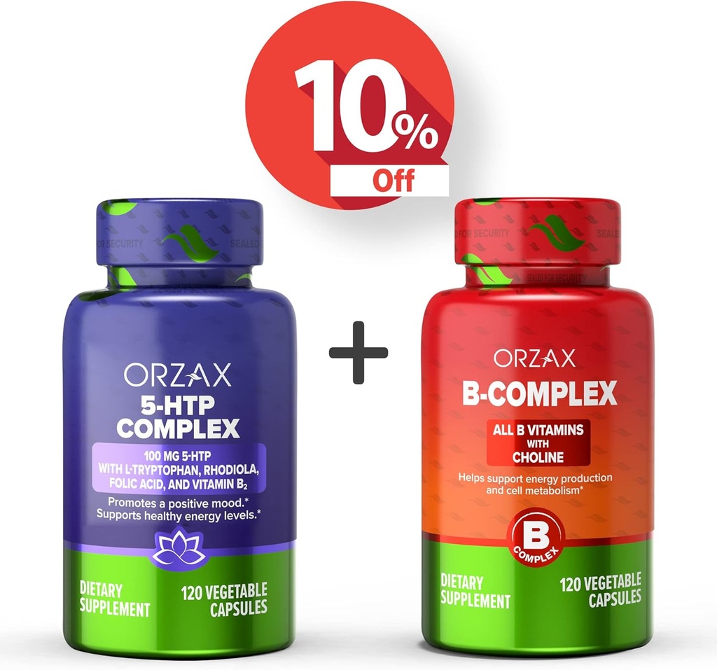 ORZAX 5 HTP Complex 100 Mg 120 Vegatable Capsules dan Vitamin B Kompleks, B Vitamin dengan Choline & Inosiol 120 Capsules, Bundle