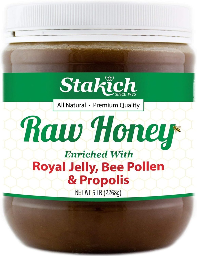 Stakich Royal Jelly, Bee Pollen, Propolis Enriched Raw Мед - Pure, Необроблений, Розігрів - 5 фунт (80 Ounce)