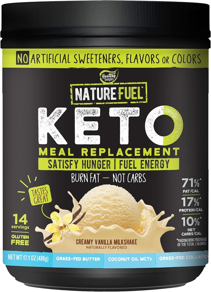 Nature Fuel Keto Meal Replacement Powder - bez lipekļa ar kokosriekstu eļļu MCTs un zāles-barības sviestu - krēmīgs Vanilla Milkshake - 14 Servings - Pantry Friendly, 17.1 Fl Oz