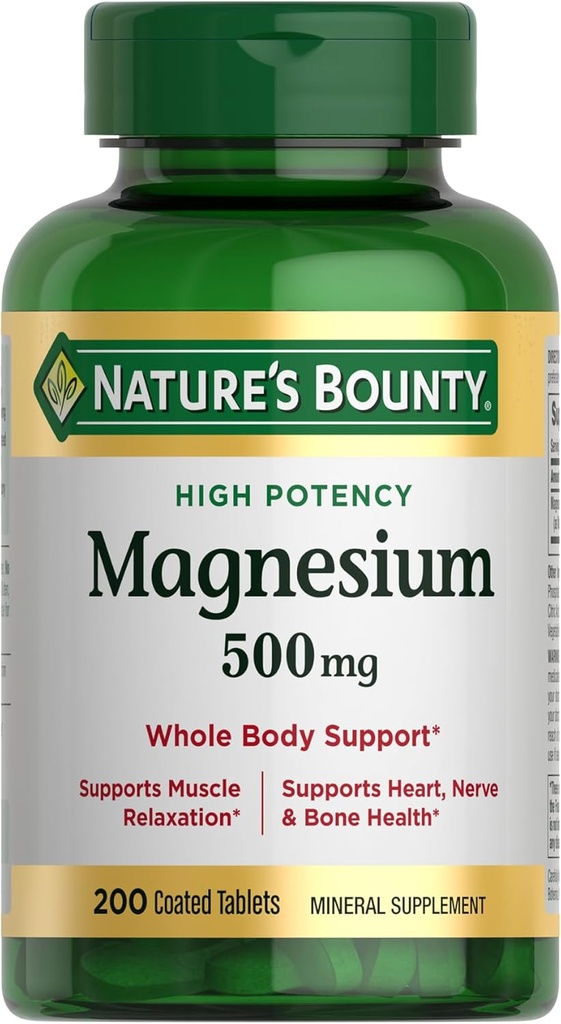Nature's Bounty Magnesio 500 mg Tablets, Suplemento de magnesio de alta potencia para a saúde ósea e muscular, Soporte para todo o corpo, 200 Conde (Pack of 1)
