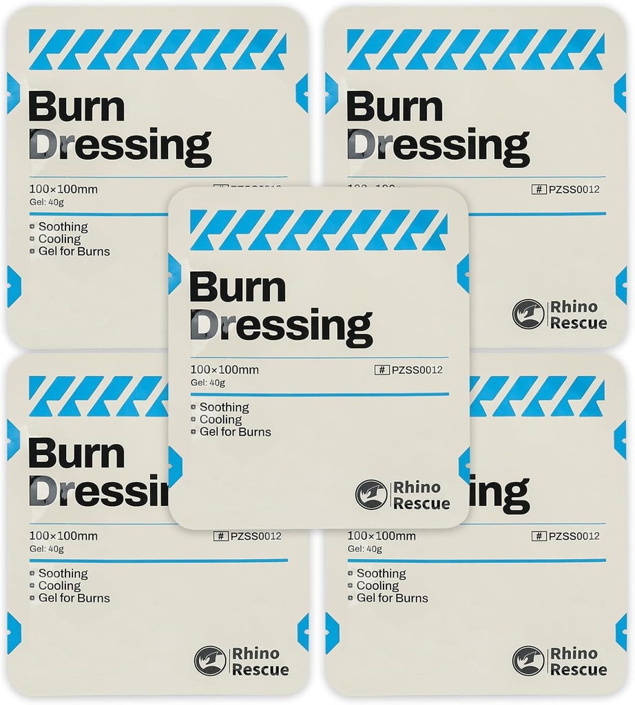 Rhino Rescue 5 Pack 4 " X 4" Burn Dressing, Burn Gel Cooling Cream Relief Burn esmaabi tarned (5)
