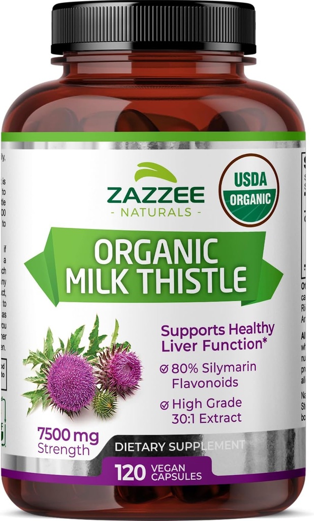 Zazzee USDA Organic Milk Thistle 30:1 Extracto, 7500 mg de forza, 120 cápsulas de Vegan, 80% de limarina Flavonoides, Standardized and Concentrado 30X Extracto, 100% Vegetariano, All-Natural e Non-GMO