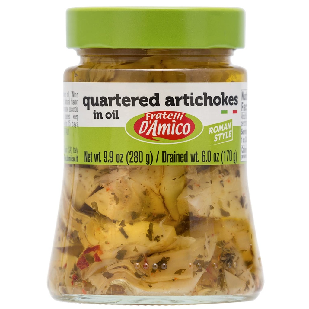 FRATELLI D'AMICO - Quartered Artichokes In Oil "Roman Style", Premium Quality, Chef Selection, 9.9 oz (280 g), Antipasto, Estacionado, Carciofi, Produto de Italia