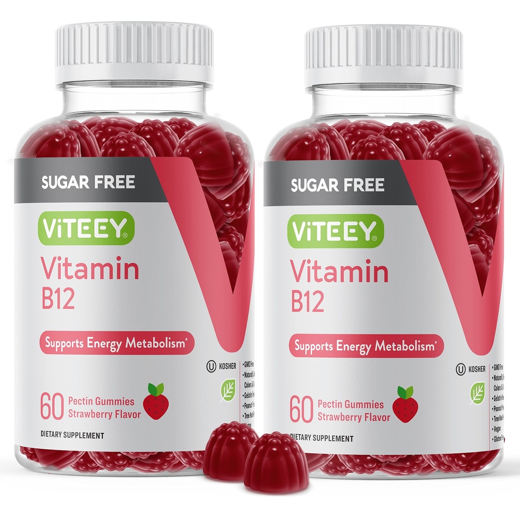 Viteey Vitamin B12 Gummies for Adults & Teens 1000mcg, Sugar Free | Good for Energy, Metabolism, Natural Energy Support -Vegan, Gelatin Free, Gluten Free, GMO Free -Chewable Strawberry Flavored
