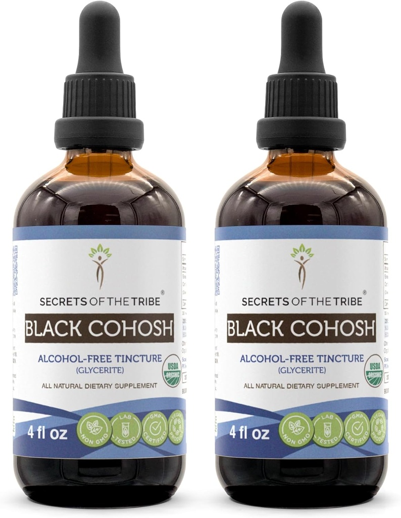 Secrets of the Tribe Black Cohosh USDA Organic Côte 124; Alcohol- Free Extract, High- Potency Herbal Drops Cô124; Made from 100% Certified Organic Black Cohosh (Cimicifuga Racemosa) Sured Root 2x4 oz