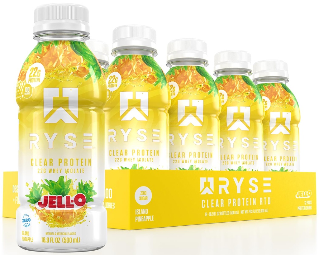 RYSE Clear Protein Drink - Jell-O Island Pineapple - 100 kalorier, 22g Whey Isolate Protein Shake, Sugar-Free, 0g Fat & Lactose-Free - Uppfriskande Ready-to-Drink Beverage - 16,9 fl oz Bottles (12-Pack)