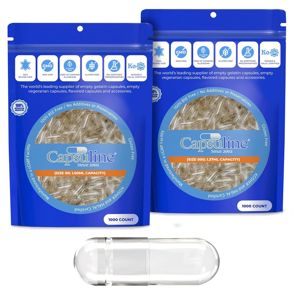 Capsuline Dimensioni 00 e Dimensioni 000 Gelatin Empty Capsule, 1000 Count Bundle, Empty Gel Pill Capsule, DIY Pure Bovine Pill Capsule Filling, Capsetti Vuoti, Kosher, Gluten Free e Non OGM Certificato, Libero
