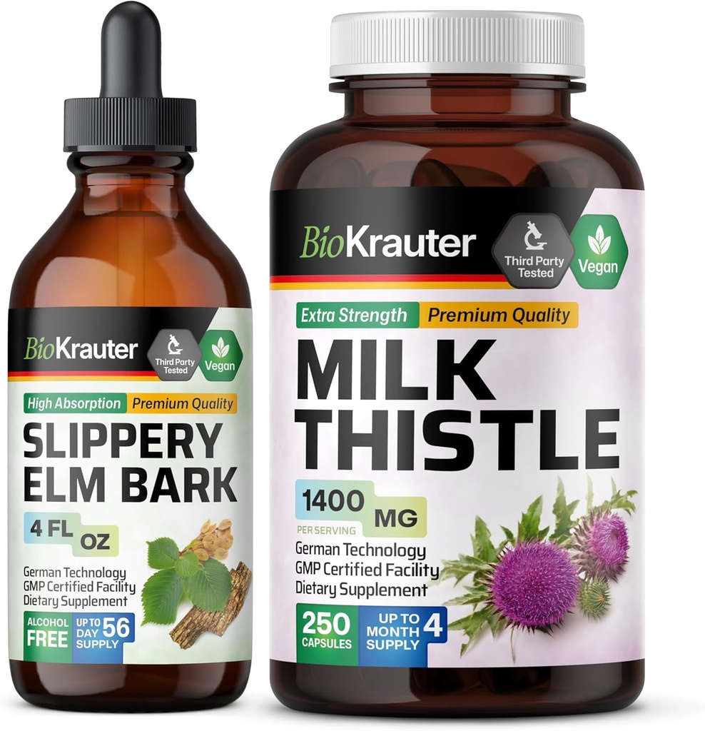 BIO KRAUTER Slippery Elm Tincture 4 Fl. Oz. & Milk Thistle 250 Kapseln