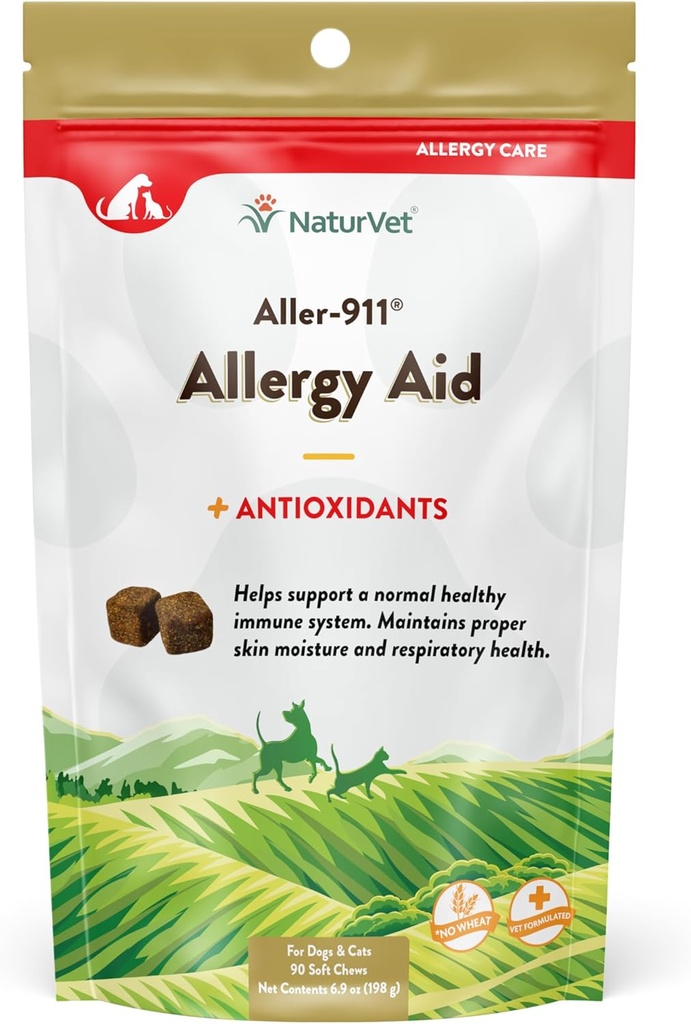 NaturVet - Aller-911 Skin ' Coat Allergy Aid Plus Antioxidants – 90 Soft Chews – Supports Immune System, Skin Moisture " Respiratory Health – Enhanced with Omegas, DHA ' EPA – for Dogs ' Cats