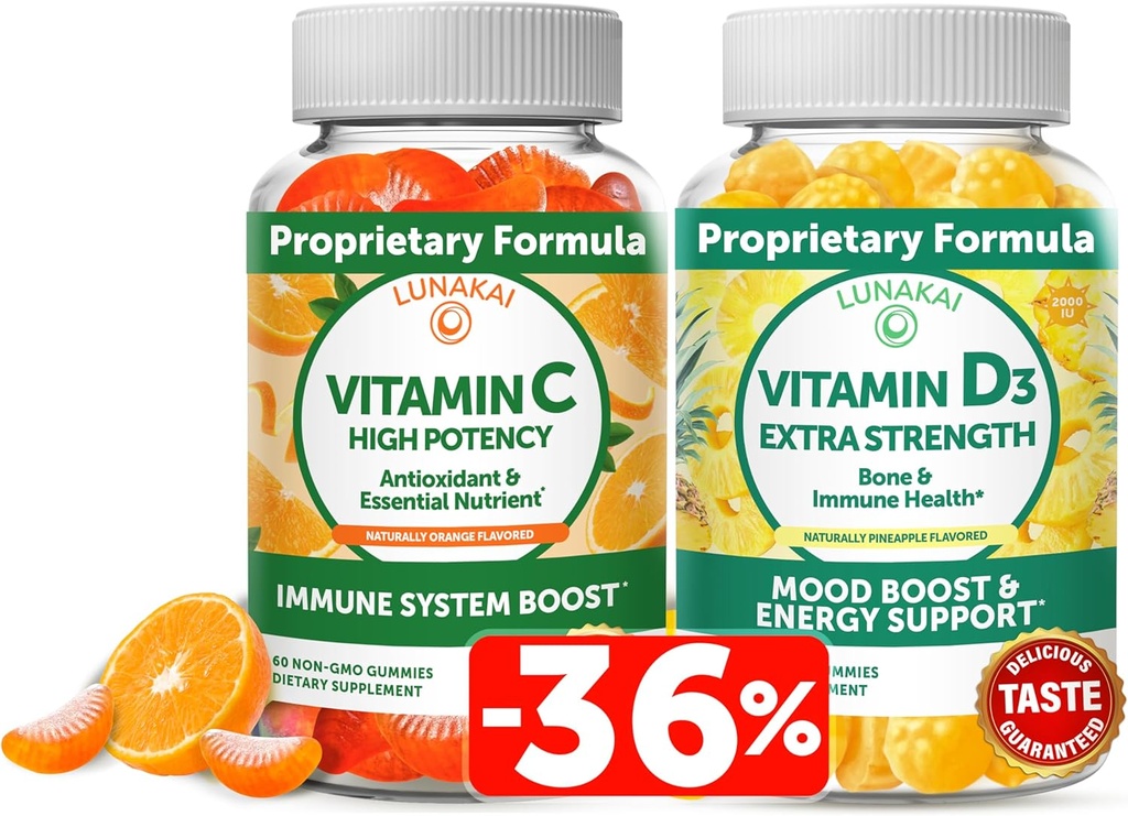 Lunakai Vitamina C e Vitamina D3 Gummies Bundle - 300mg Organico, Non OGM, Vegan Chewable Gummy - Immunità, Bone e Mood Support Supplemento per Adulti