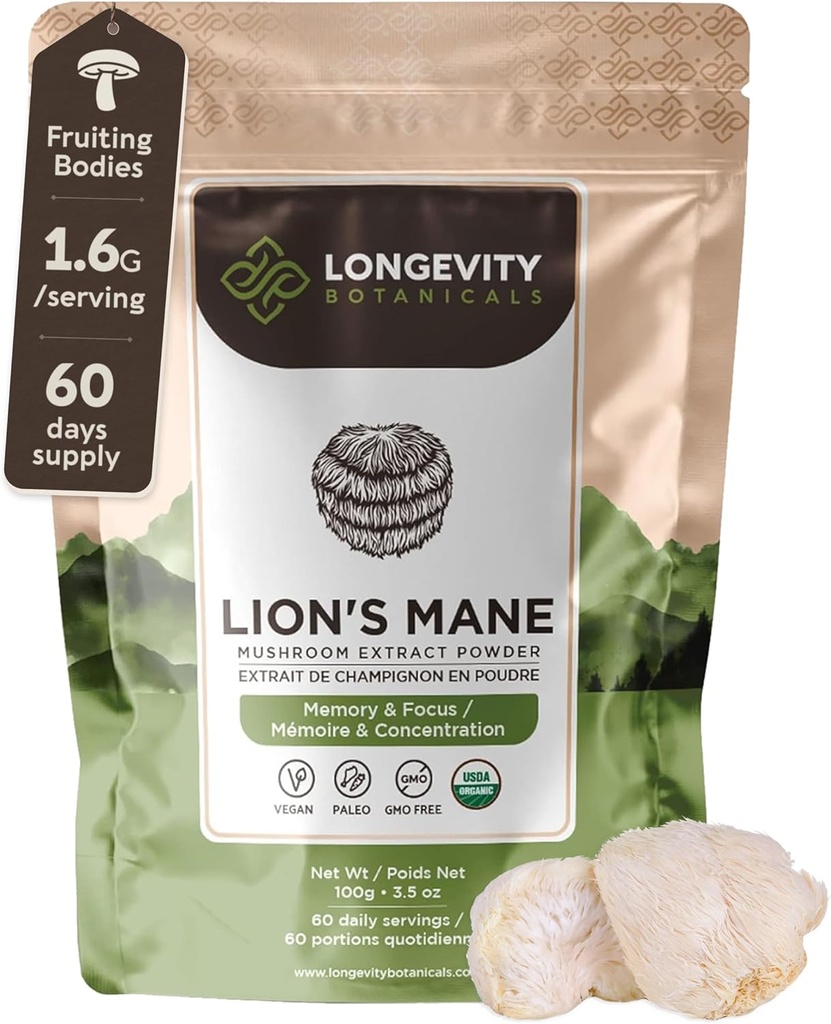 Organic Lions Mane Powder Mushroom Supplement 100g | Pure Fruiting Body 8:1 Estrarre ad alta resistenza | 20% Beta-D Glucans | 13,280mg Raw Equivalent Per Serving | Focus, Memoria, Gut, Nerve & Brain Support