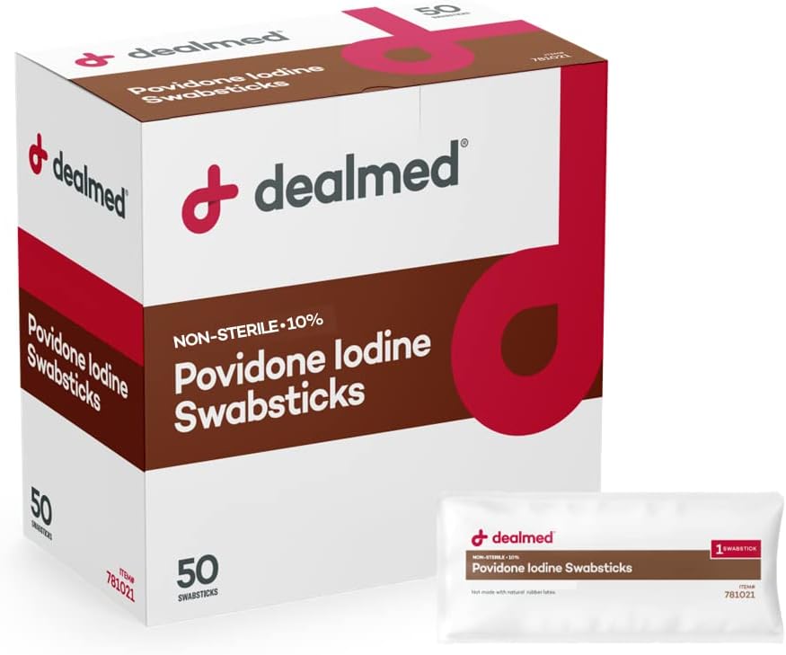 Povidone Iodine 10% Swabsticks - 个人密封包 完美用于伤病护理和便携式急救箱,50/Box (Pack of 1)