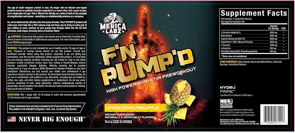 'Merica Labz F' N Pump 'D Stimulant Free, Nitric Oxide, Fully Dosed, Pump PreWorkout Powder (20 Servings) (Upside Down Ananász)