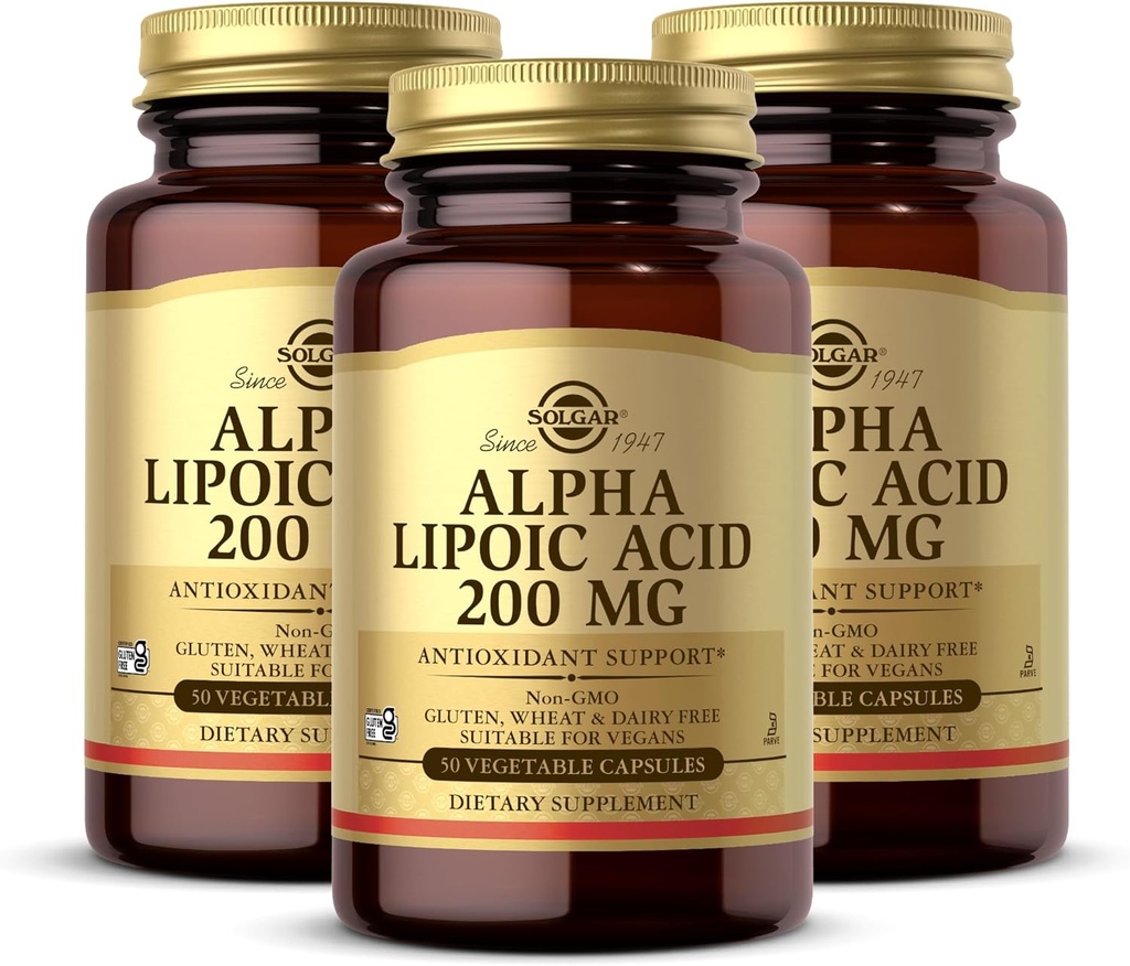 Solgar Alpha Lipoic Acid 200 mg, 50 Vegetabilske kapsler (pakke af 3) - Antioxidant Support - Hjælper til Genbrug Glutathion, C-vitamin & E, CoQ- 10 - Non- GMO, Vegan, Gluten Free, Dairy Free, Kosher - 150 Total Servering