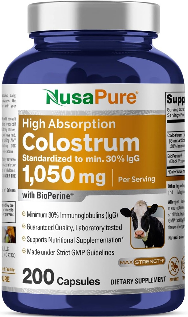 NusaPure Colostrum 1050mg 30% IgG 200 kapsulas (Ne-GMO, Soyfree) Bioperīns