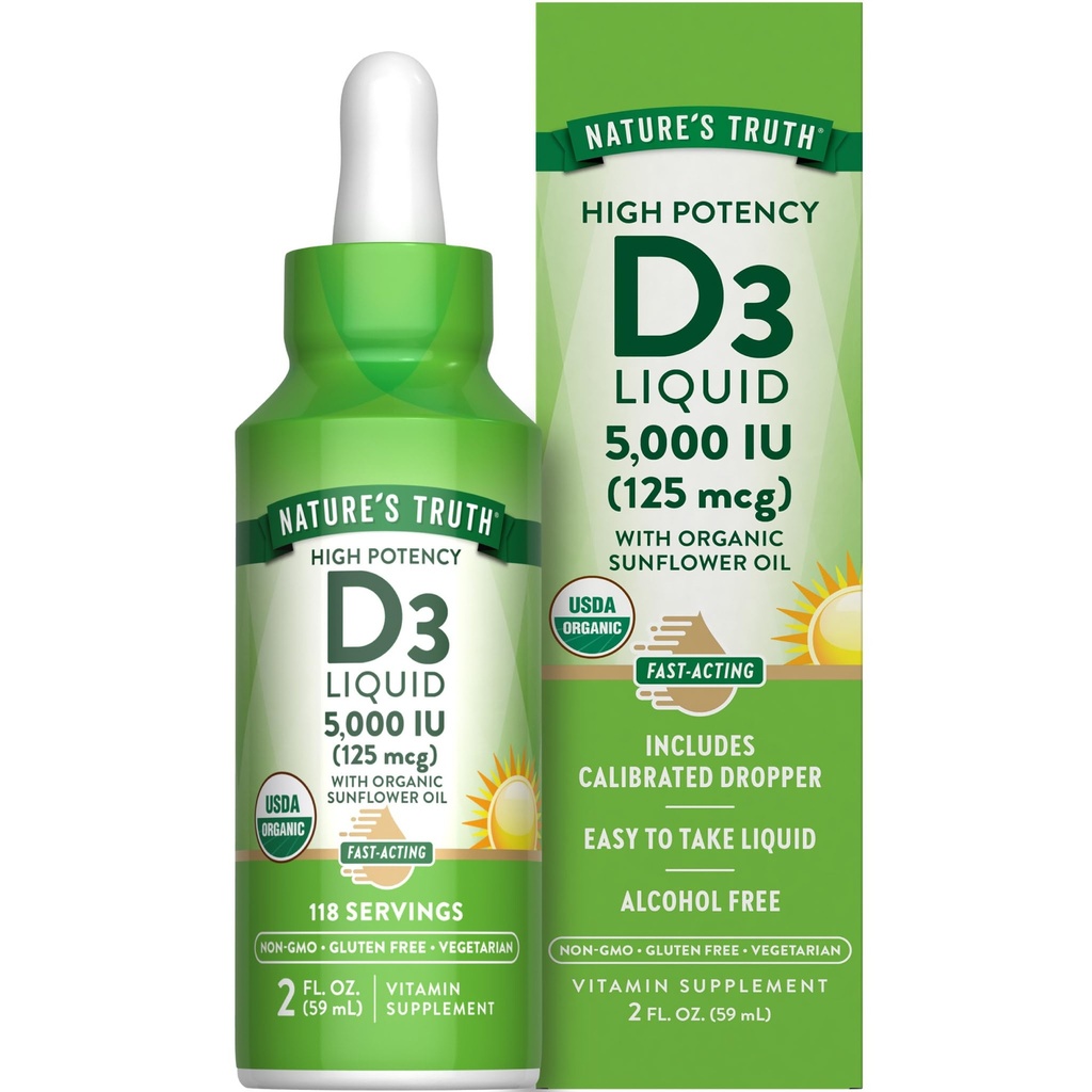 Nature's Truth Vitamin D3 Liquid | 5000 IU | 2 fl oz | Non-GMO and Gluten Free Supplement