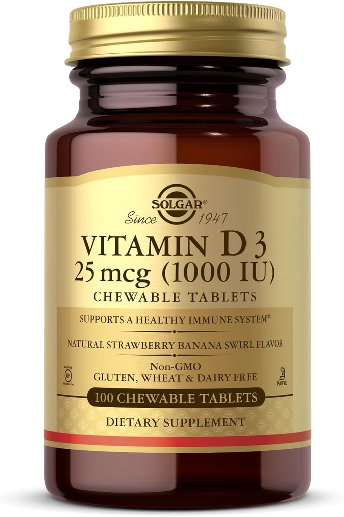 Солгар Витамин D3 (Cholecalciferol) 25 mcg (1000 IU), Natural Jaberry Banana Swirl - 100 дъвчащи таблетки - Non-GMO, Kosher - 100 Сервиз