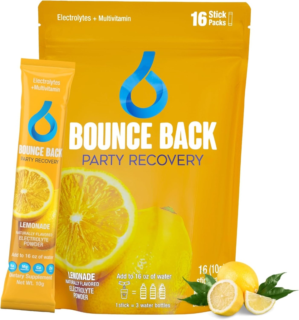 Bounce Back Pre and Post Drinking Liver Support ← Electrolyte + Vitaminas y Hidratación Mineral Packs ← Perfect Después de una Noche Externa Vida y Viaje Esencial (16 Pack, Lemonade)