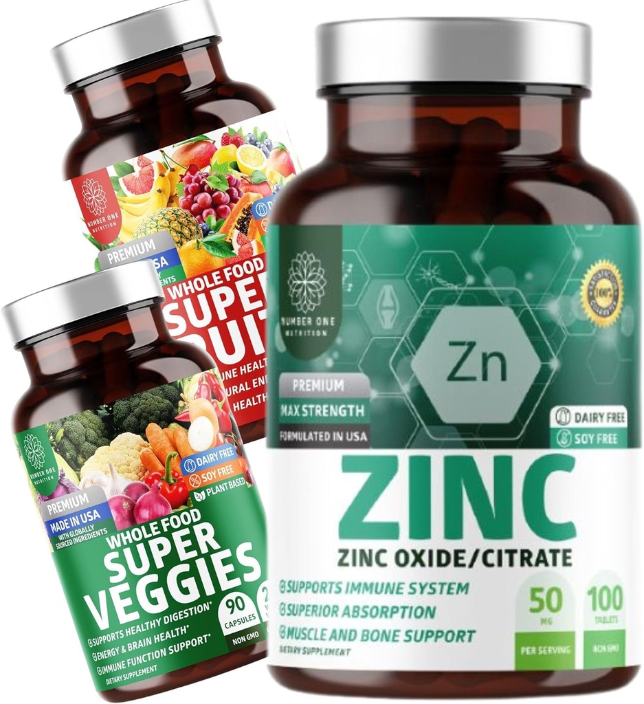 Numer jeden Numeracja N1N Premium Super Owoce i warzywa Suplement [40 Całość żywności, Aloe Vera, Witaminy] i Cynk 50mg [3X Wchłanianie], 2 Pack Bundle