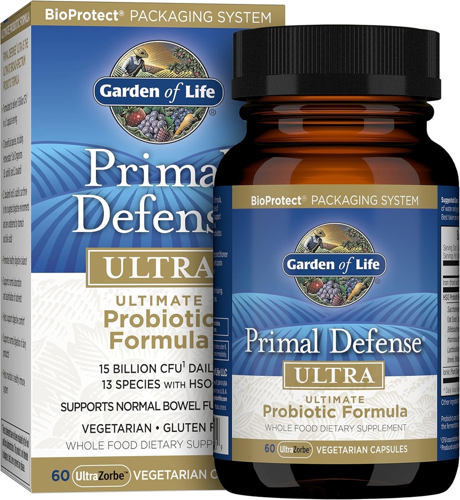 Garden of Life Probiotics for Digestive Health and Gut Health Balance, Primal Defense Ultra Ultimate Formula, 15 Billion CFU и 13 Strains Plus HSOs, Vegetarian and Gluten Free, 60 капсули