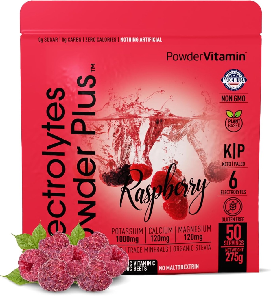 PowderVitamin Electroltes Powder Plus (50 pelayan) Raspberry Electrolite Powder Zero Calorie Keto, 0 Sugar, No Maltodextrin, 1000mg Potmorg Calcium, 120mg Magnesium, Hidration Powder