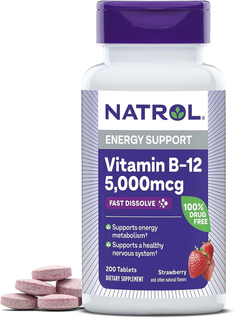 Natrol Witamina B12 5,000 µg, Szybko rozpuścić witaminę B12 Suplement wspomaga zdrowy system nerwowy i metabolizm energii, 200 Tabletki, Aż do 200 Day Supply