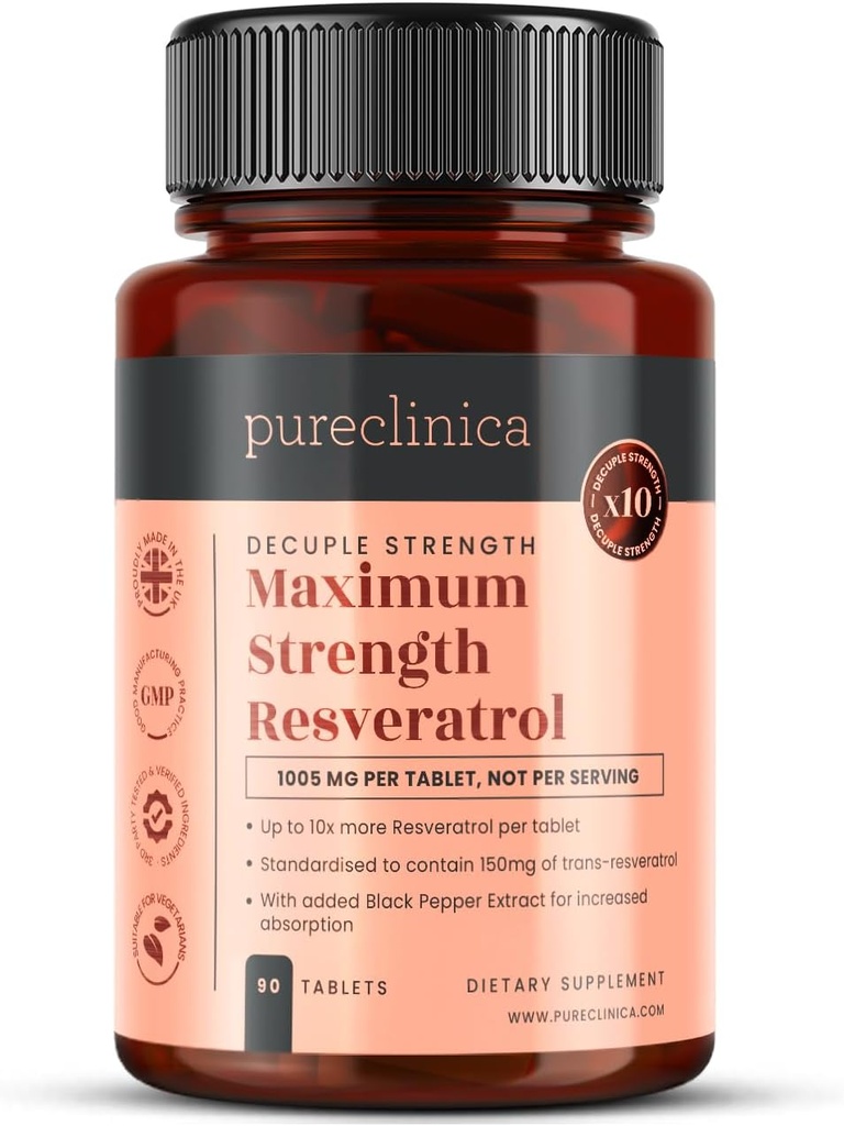 Pure clinica 1000mg Resveratrol x 90 tabletės (3 mėnesiai tiekimas). 10 x stiprumas su juodųjų pipirų ekstraktas greičiau absorbcija