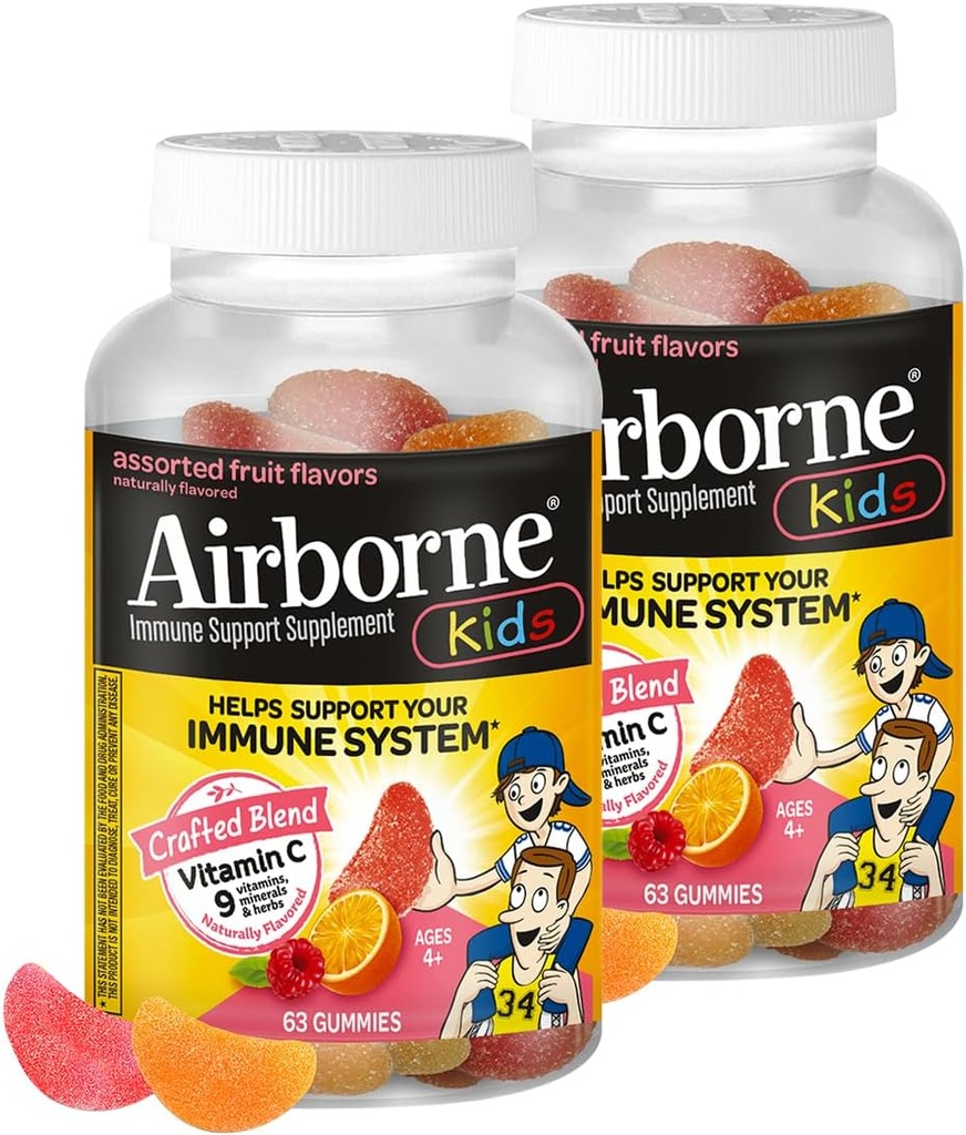 Airborne Kids 500mg Vitamin C Gummies, Barn Immunstøtte Sink Gummies med kraftige antioksidanter VIT C & E - 63 Gummies, sortert frukt flavor (Pack of 2)