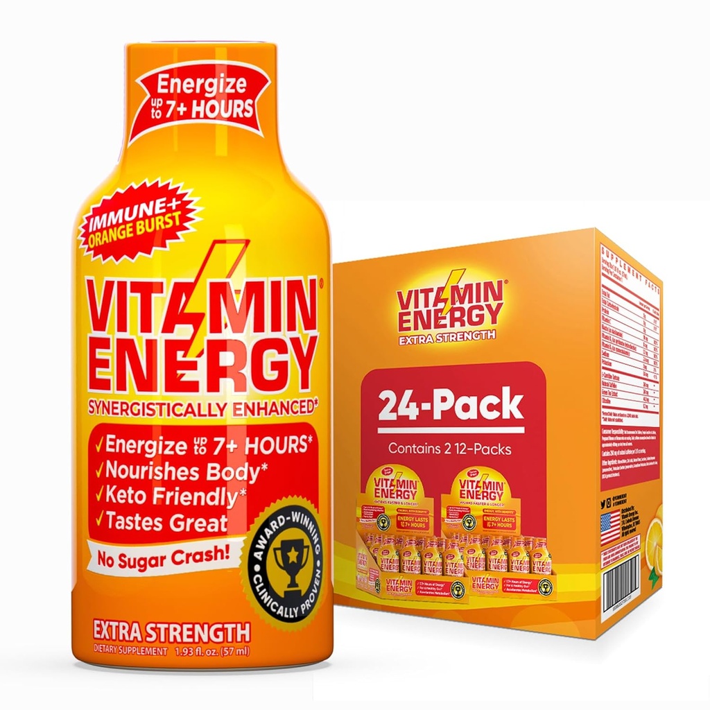 Vitaminas Energy Immune + Papildomas stiprumas energijos Shot Oranžinė Burst 24 Pack, 260mg Natūralus kofeinas, B- vitaminai, Citikolinas, Žalioji arbata, Imunitetas & Focus parama, Zero Cukraus, Gluten- Free 1,93 fl oz