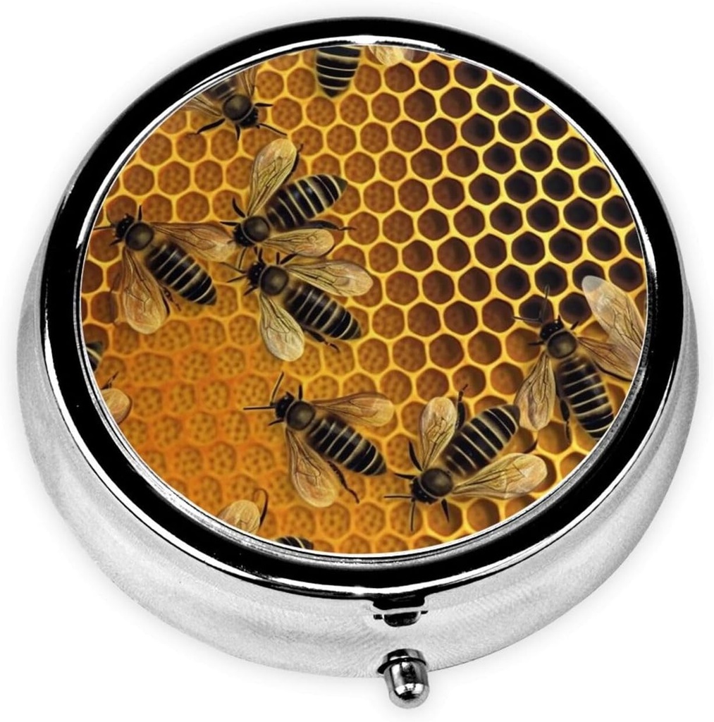 Méhek kaptár Pill Box Metal Round Small Pill Case Cute 3 Commite Pill Organizer Portable Travel Pillbox Mini Pill Konténer Holder Napi gyógyszer kiegészítés vitamin