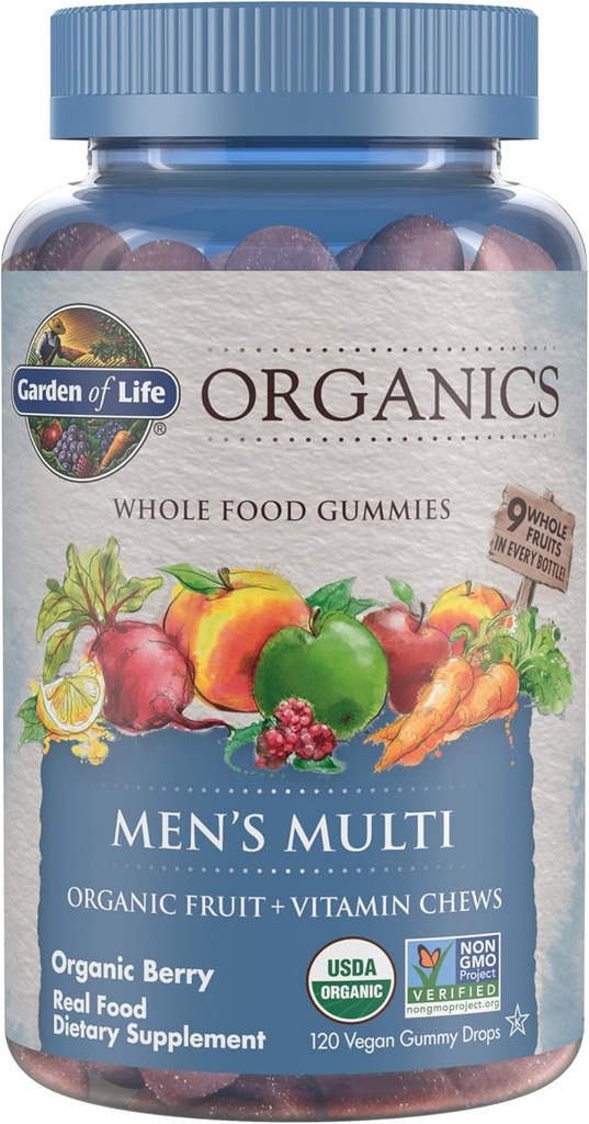 Life Organics Men's Gummy Vitamins - Berry - Sertifikalı Organic, Qeyri-GMO, Vegan, Kosher Tamam Multi - Metil B12, C & D3 - Gluten, Soy və Süt Pulsuz, 120 Real Fruit Chew Gummies