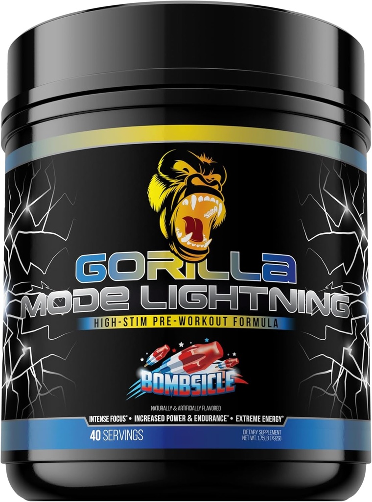 Gorilla Mode Lightning Pre-Workout - Extreme Energy · Laser Focus · Výkonné čerpadlá · Peak Performance - 550mg kofeínu, 13500mg L-Tyrosine, Alpha-GPC
