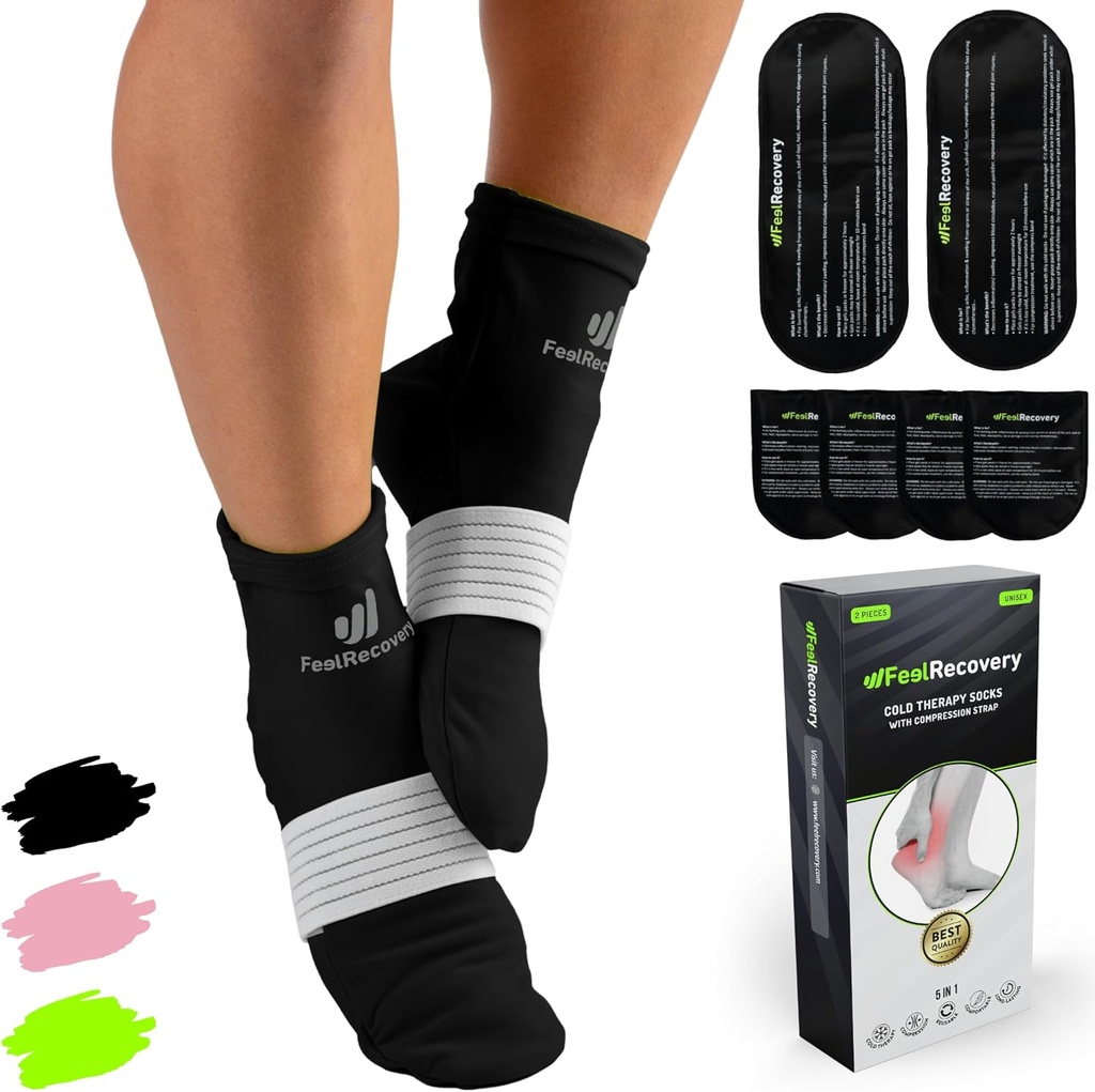 Ice Pack Socken für Feet Coolers - Wiederverwendbare Hot&Cold Therapy Socks w/Compression Straps - Cold Gel Pack für Neuropathie, Fußschmerzen, Plantar Fasciitis & Sprains (Black, L/XL)