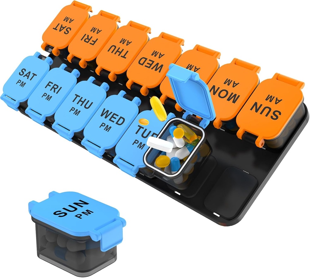 Liels 7 Day Pill organizētājs, XL AM PM Divas reizes dienā Medicīna uzglabāšanas kaste, Big 2 Week Pill turētājs tabletes, Vitamīni & Piederumi, Travel Pill Kaste zāles (Blue+Orange)