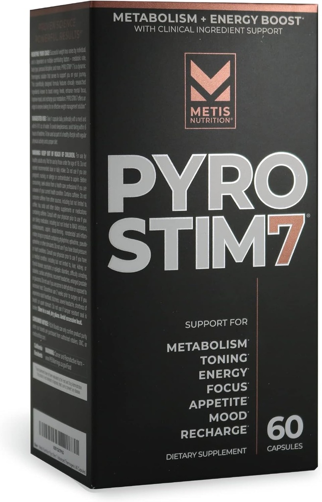Pyro Stim 7 Metabolism 부스터 뚱뚱한 손실 지원 에너지 부스트 - 초점, 식욕 제어, 근육 투약 및 계류 통제 (60 캡슐)를 위한 Teacrine를 가진 한 번 A 일 Thermogenic
