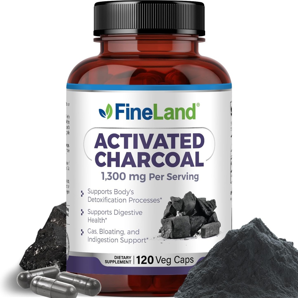 FineLand Activated Charcoal 1300mg - Detox Digestivo Avançado Limpa, Ajuda com gás e Bloating, Circulação e Suporte Colesteroal - Made in USA, 120 Vegan Pills