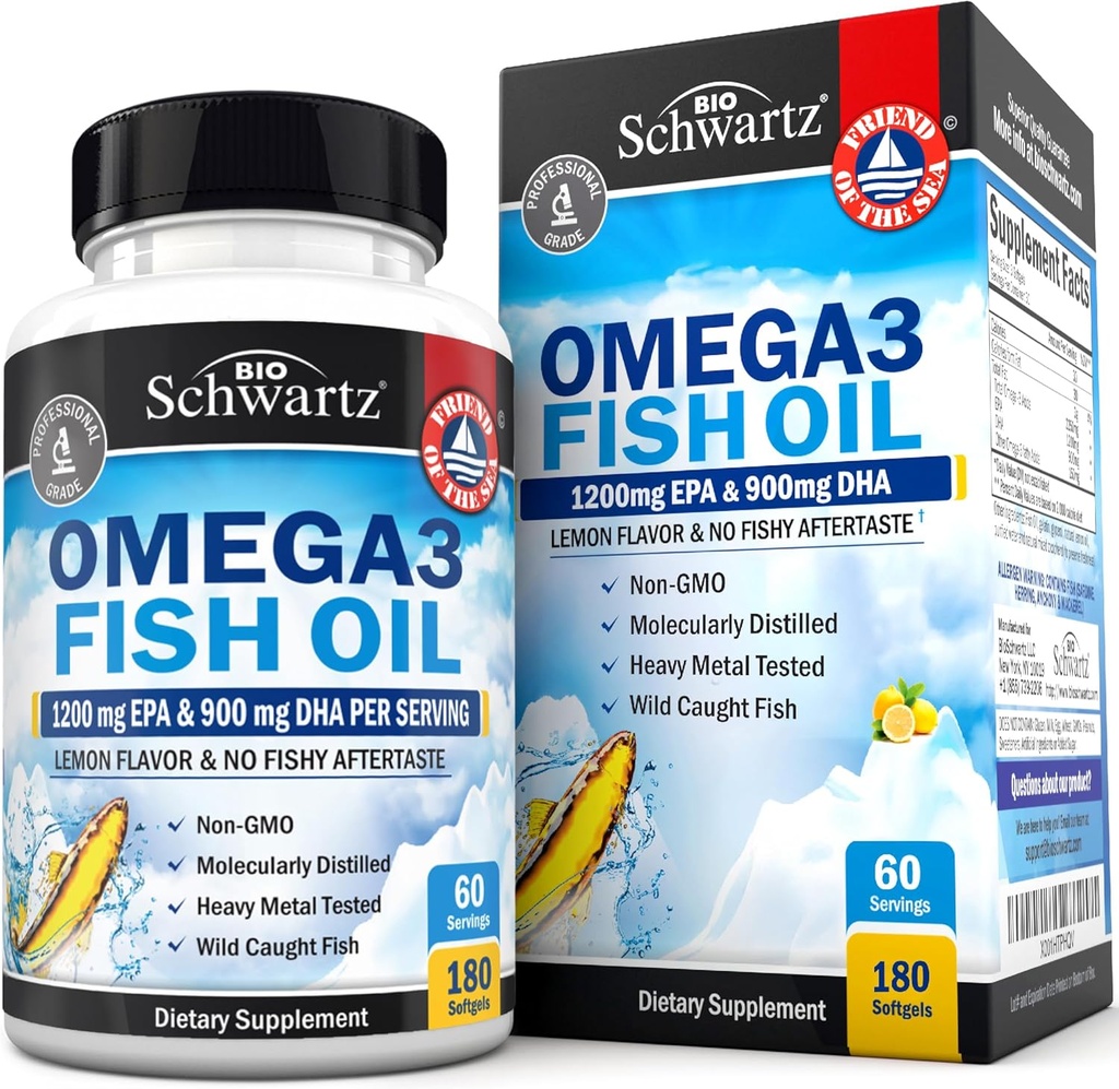 Putere triplă Omega 3 Suplimentul de ulei de pește - 2250 mg EPA DHA Omega 3 Acidi grasi de pește proaspăt prins, aromă Burpless Lemon sprijină sănătatea ochilor și mai mult, Gluten gratuit, 180 Softgels