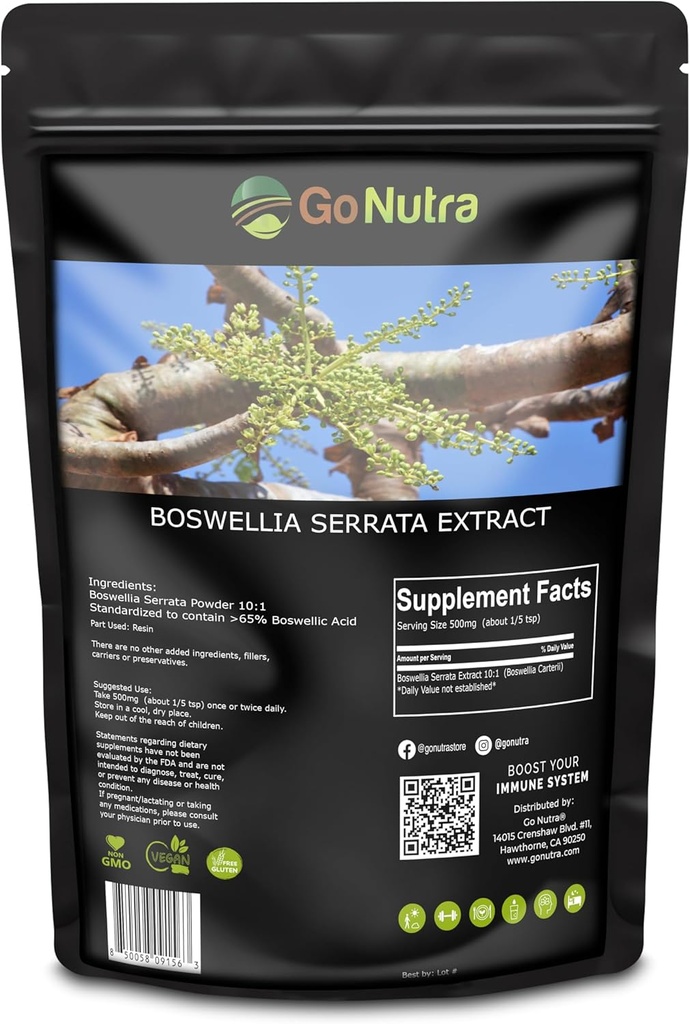 Go Nutra Boswellia Serrata Extract Powder 10:1 Indarra 65% Azido Boswellikoa Frankincense Osagarria - 8 oz.