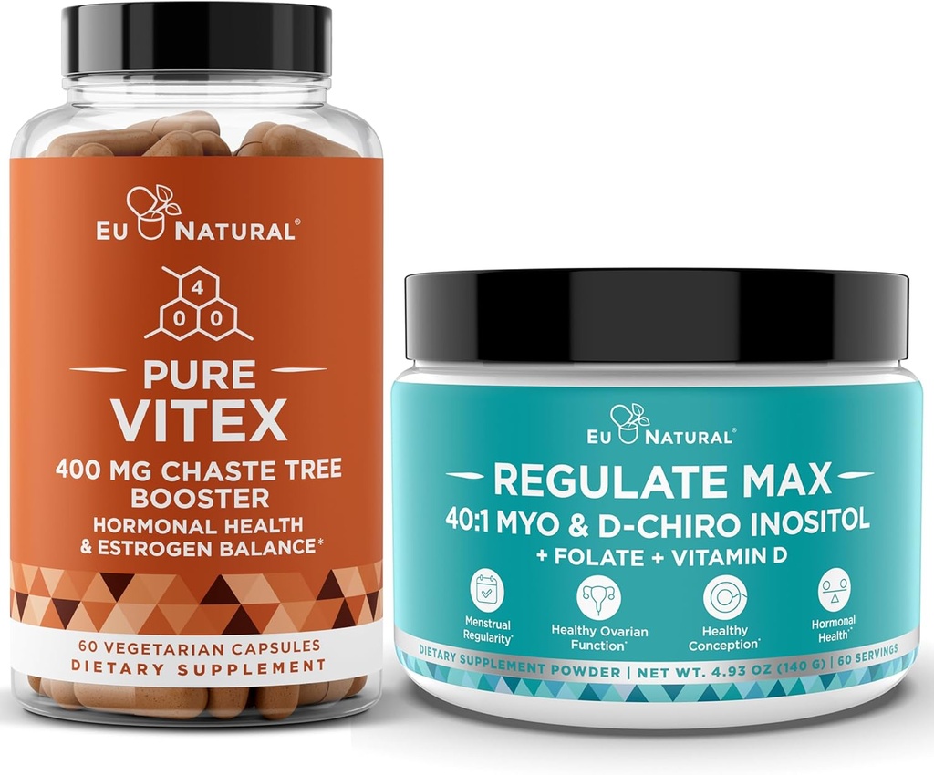 Cápsulas de Chasteberry Vitex & Regular Max Myo-Inositol D-Chiro Inositol Pó - Natural PMS & Apoio à fertilidade, Hormônios de equilíbrio, Ciclo Regulatório - 60 Capules suaves Vegan + 60 Servings Inositol Pó