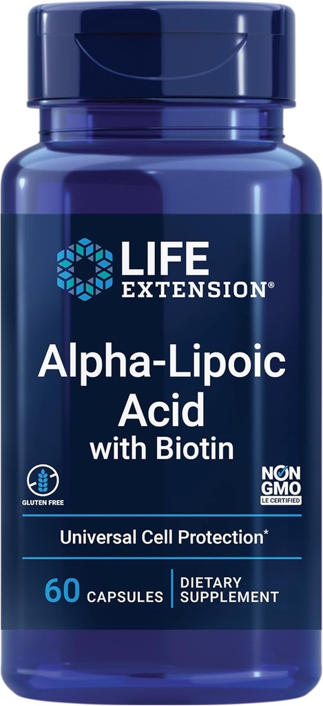 Extensie de viaţă Acid alfa-lipoic cu Biotin, pentru protecţia celulelor, antioxidant universal pentru sănătatea ficatului şi nervilor, Gluten-Free, non-GMO, 60 capsule