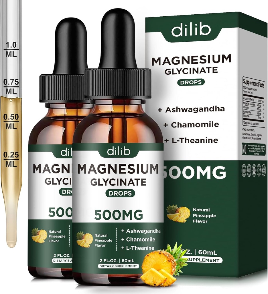 (2 Pack) Magnesium Glycinate Supplement, Magnesium Liquid Drops met Magnesium Glycinate 500mg Ashwagandha, L - Theanine, Kamille -Ondersteunt Optimale Kalmte Slaap Vegan
