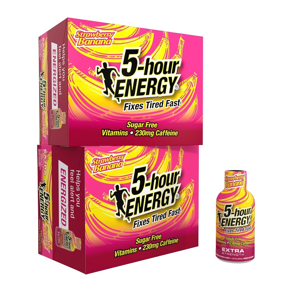 5小时ENERGY Extra Power Energy Shot,草莓香蕉Flavor (1.93 oz, 24 count) 无糖和零卡路里,B-维生素和氨基酸,230mg Cafeated Energy Shot, 饮食补充