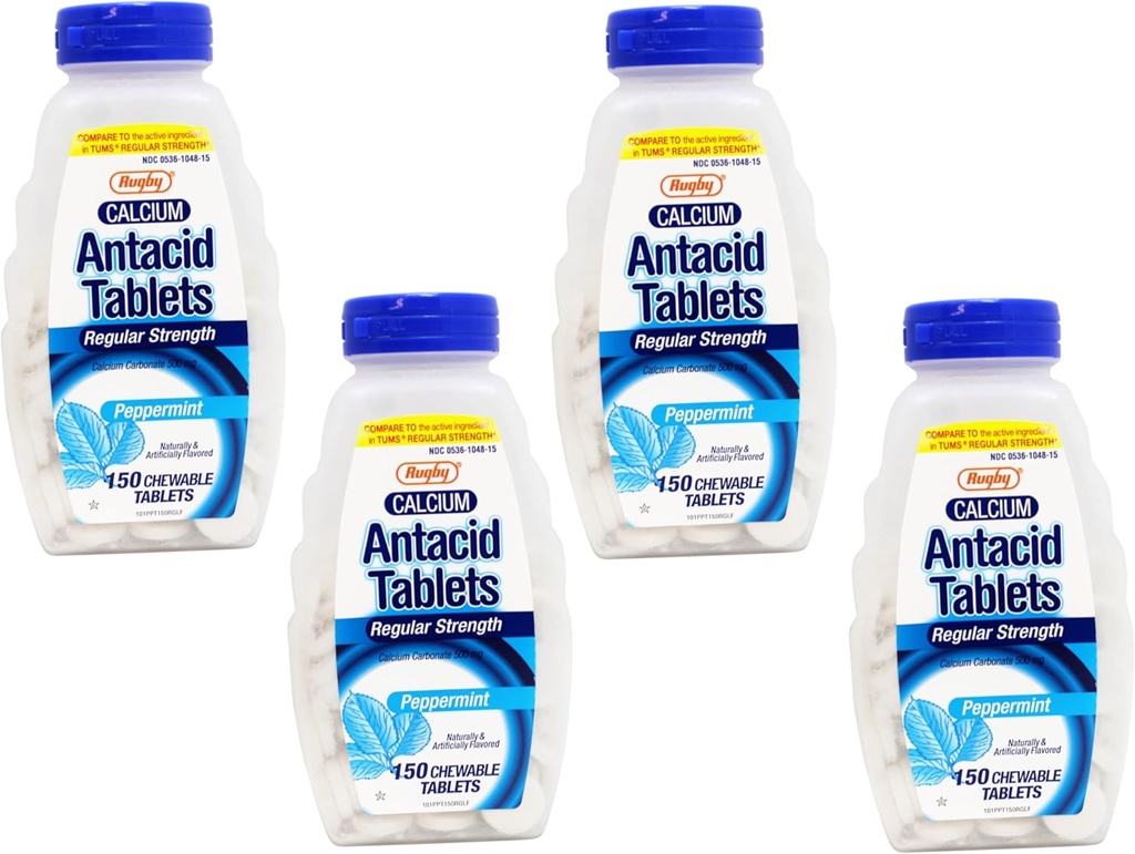 Rugby Calcium Carbonat 500 mg Antacida Tablets Pebermynte, Regelmæssig Strengh, 150 Chewable Tablets - 4 Pack