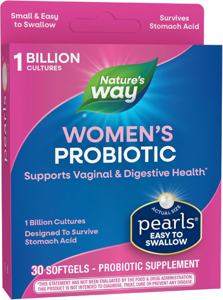 Nature's Way Women's Probiyotik Pearls, Vaginal və Digestive Health *, 1 milyard Live Cultures, No Refrigeration Required, 30 Softgels (Paket May Vary)