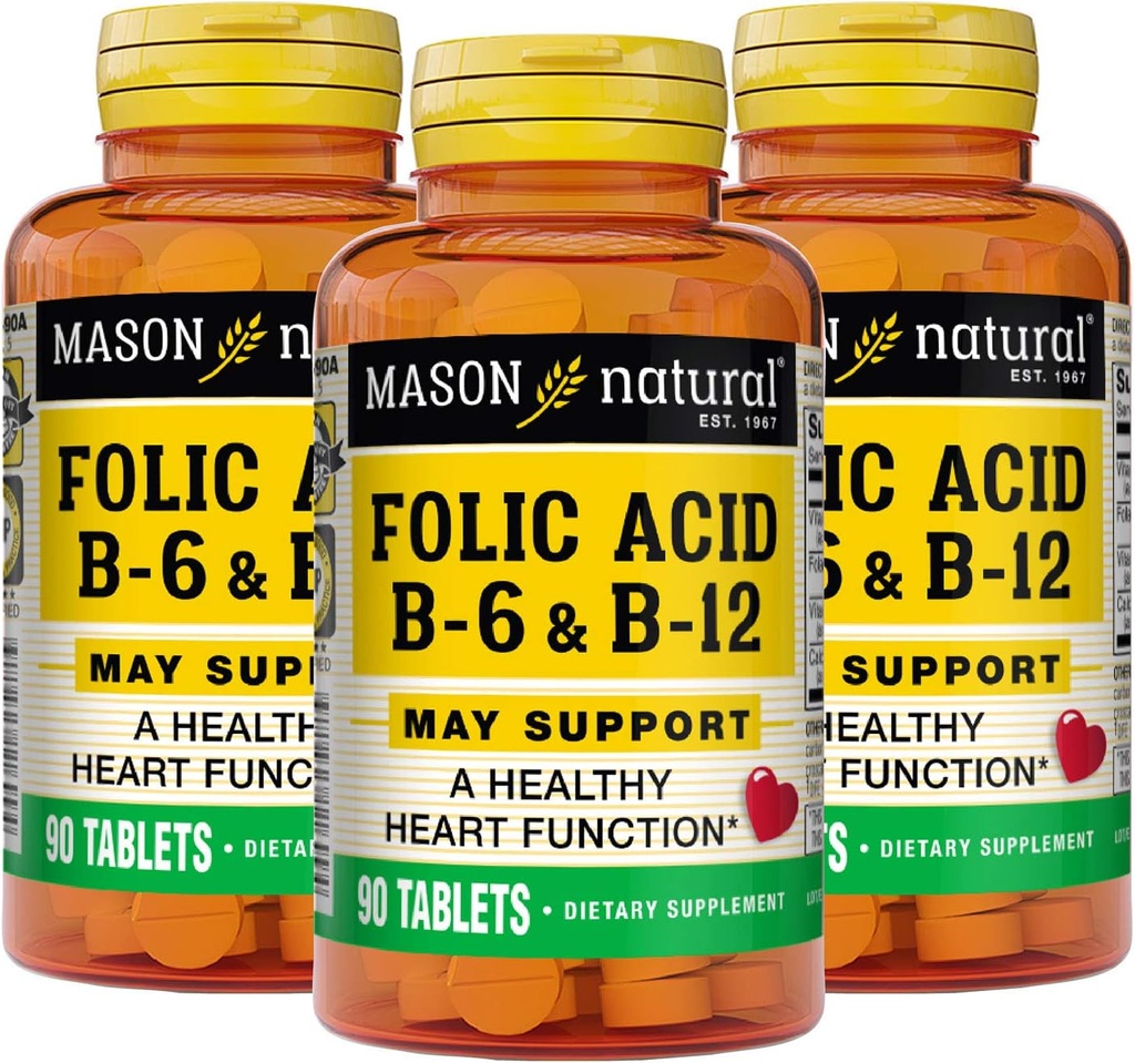 MASON NATURAL Formula B6/B12/Folic Acid Tablets, Integratore alimentare Supporta la salute cardiovascolare, Red Blood Cell Formazione, Funzione metabolica, 90 Conte (Pack of 3)