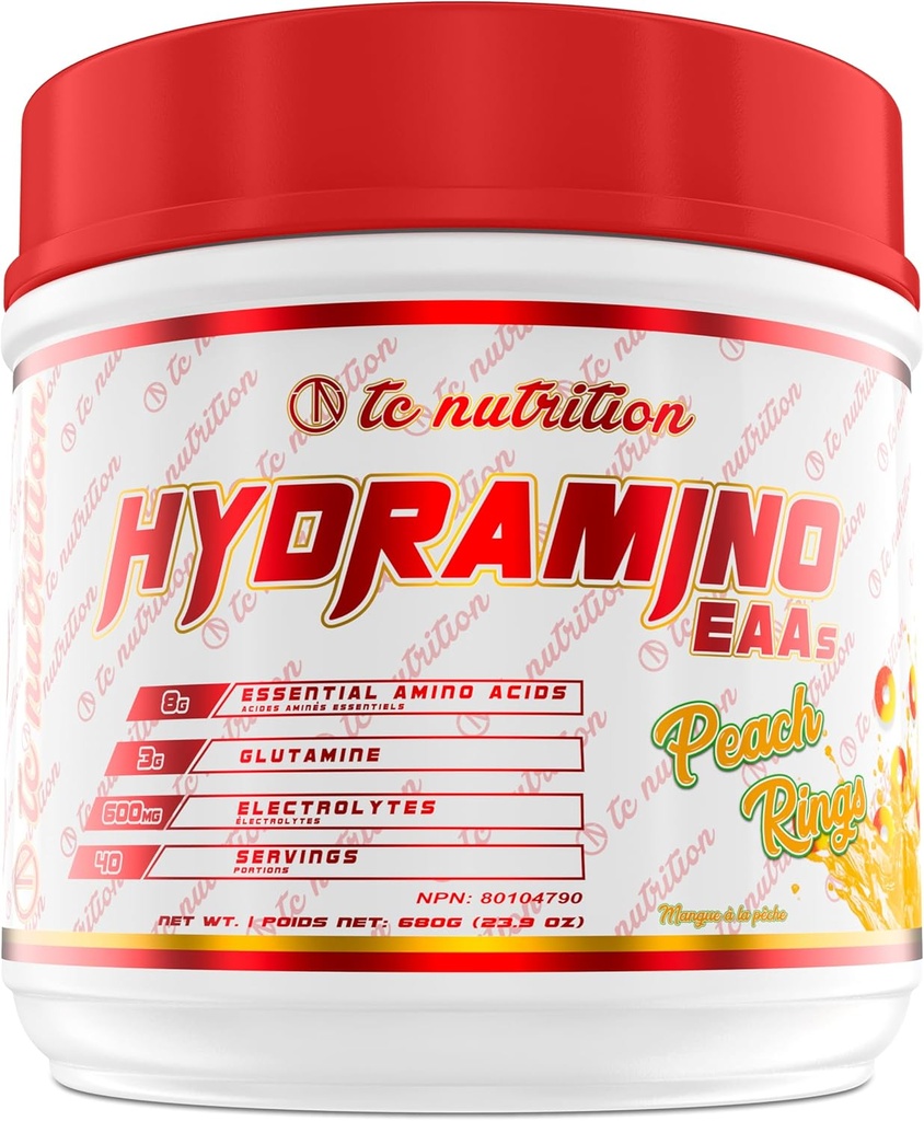 Hydramino EAA + BCAA Powder - 40 Servings - Essential Amino Acids Supplement & Elektrolit Powder for recovery, Jakost, & Hidracija, 7g BCAA, 8g EAA, 600mg Elektroliti (Vegan, Peach Rings)