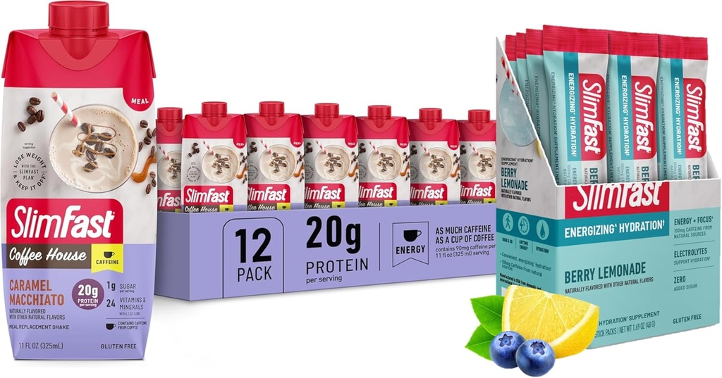 SlimFast Bundle: Intermittent Fasting Electrolytes, Energy Powder Drink Mix, Caffeina dalle sorgenti naturali- Limonata di Berry (12 Conte) + High Protein Meal Sostituzione Shake, Caramel Macchiato, 12 Pack
